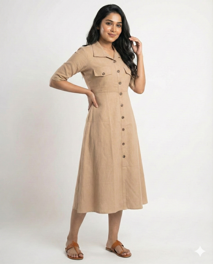 Beige Cotton Classic Shirt Midi Dress