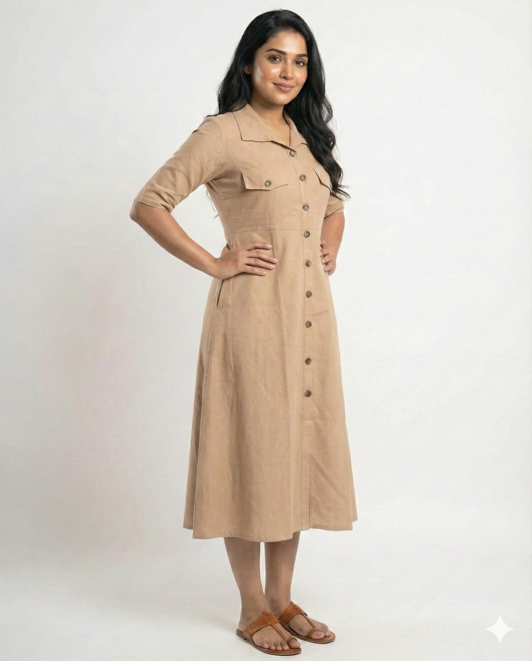 Beige Cotton Classic Shirt Midi Dress