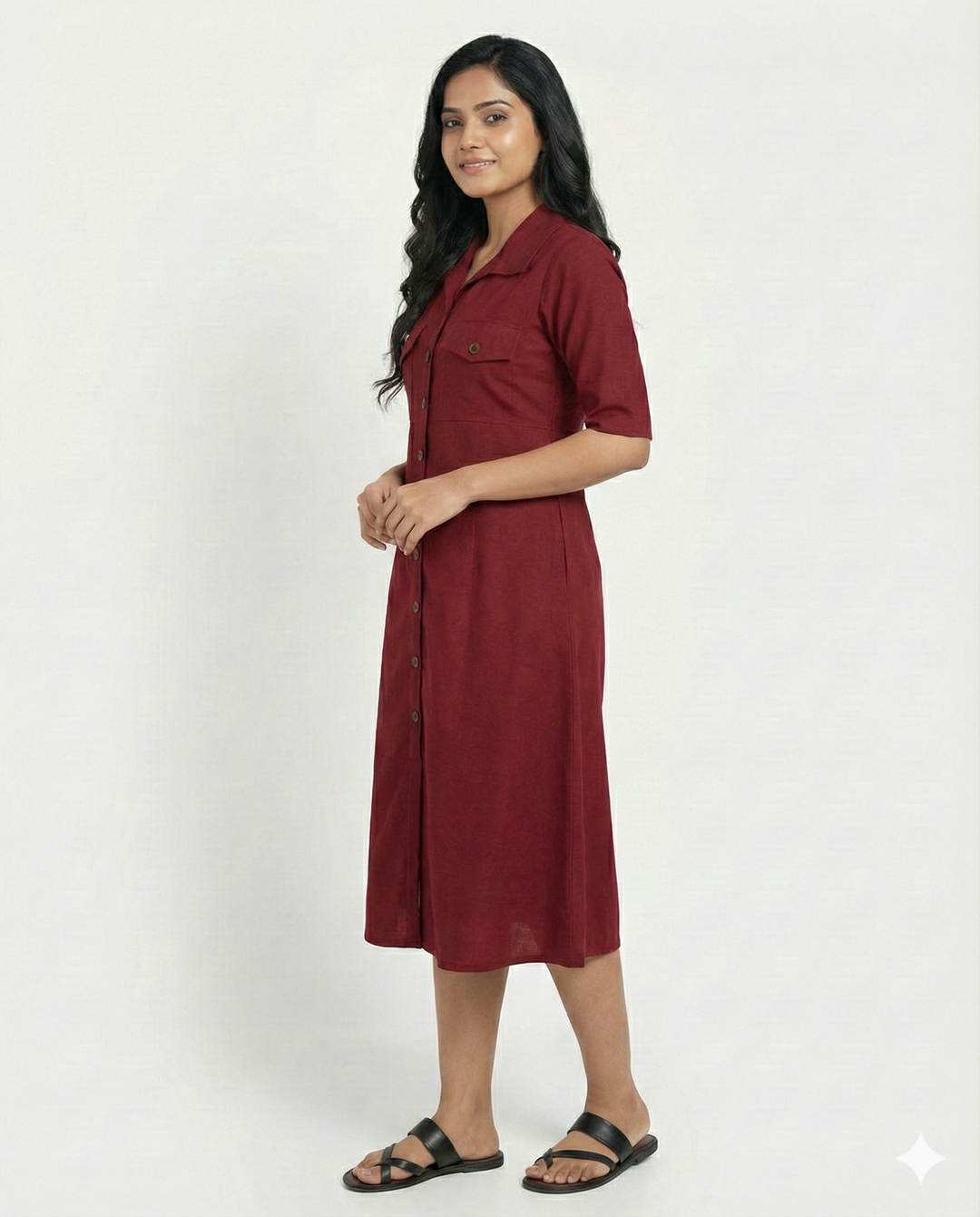 Maroon Cotton Classic Shirt Midi Dress