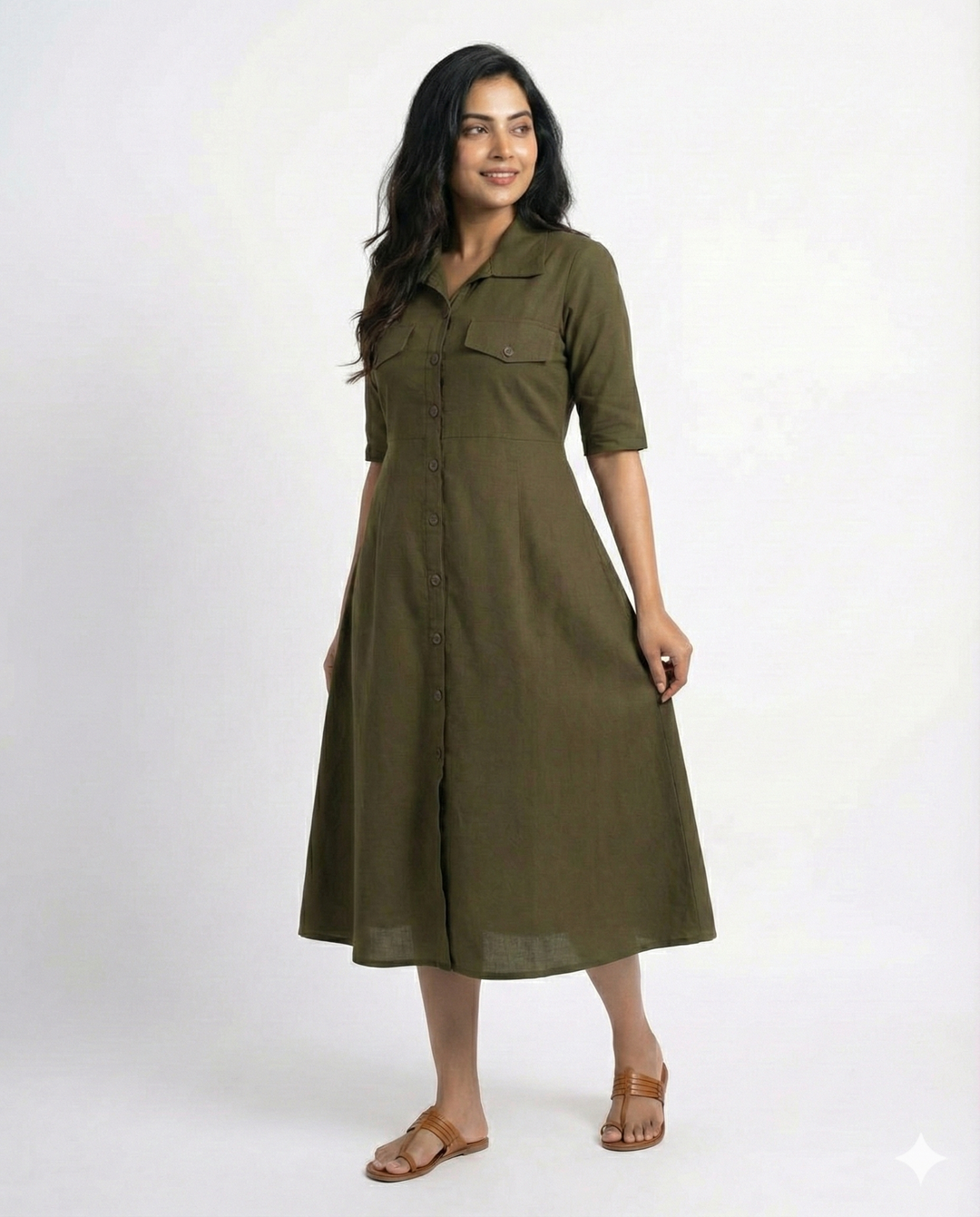 Bottle Green Cotton Classic Shirt Midi Dress