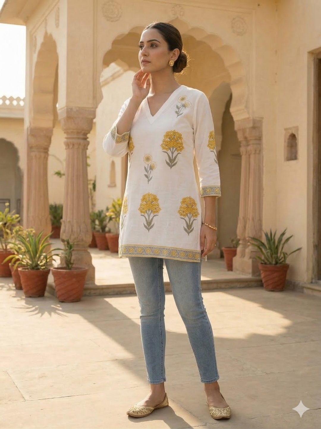 Sunehri Phool Handblock Short Kurti