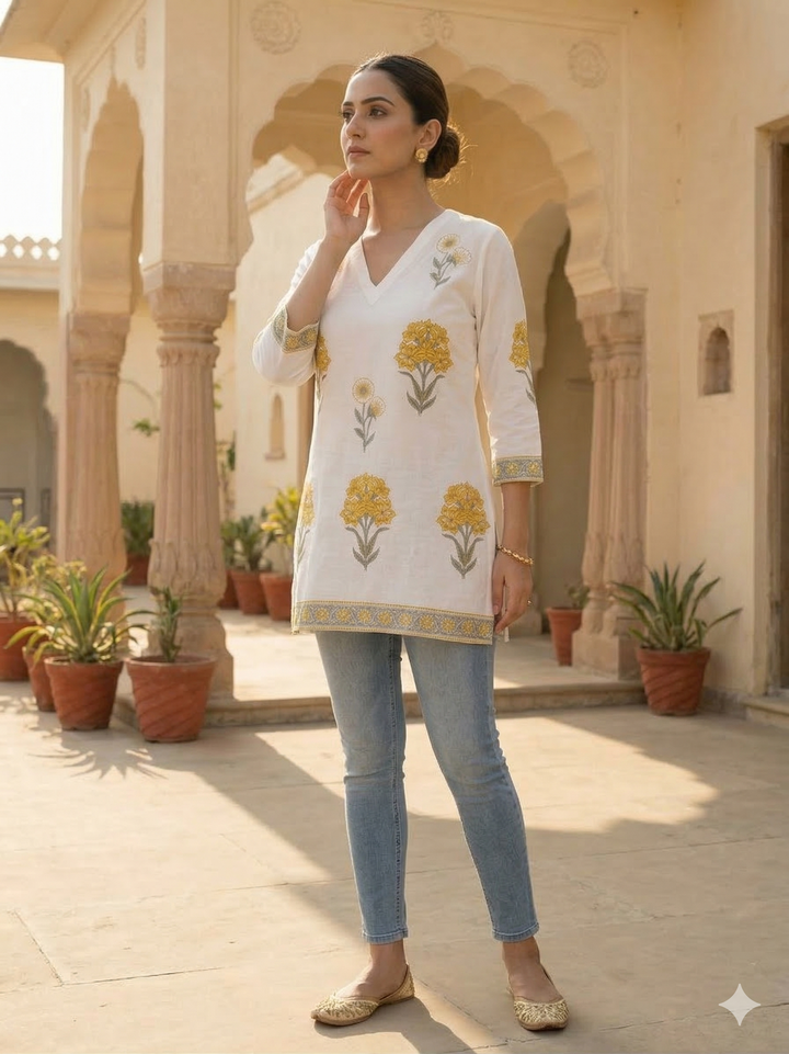 Sunehri Phool Handblock Short Kurti