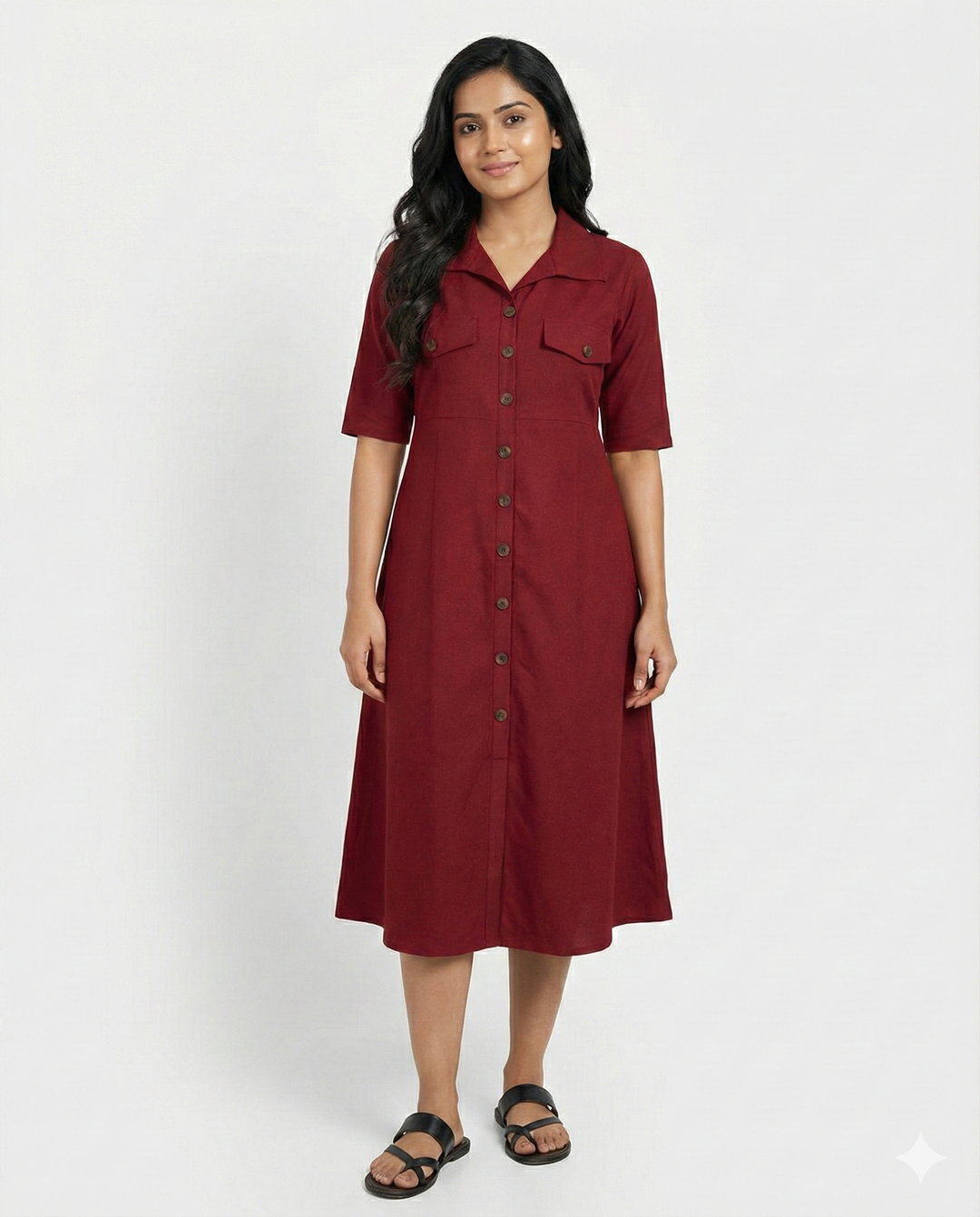 Maroon Cotton Classic Shirt Midi Dress