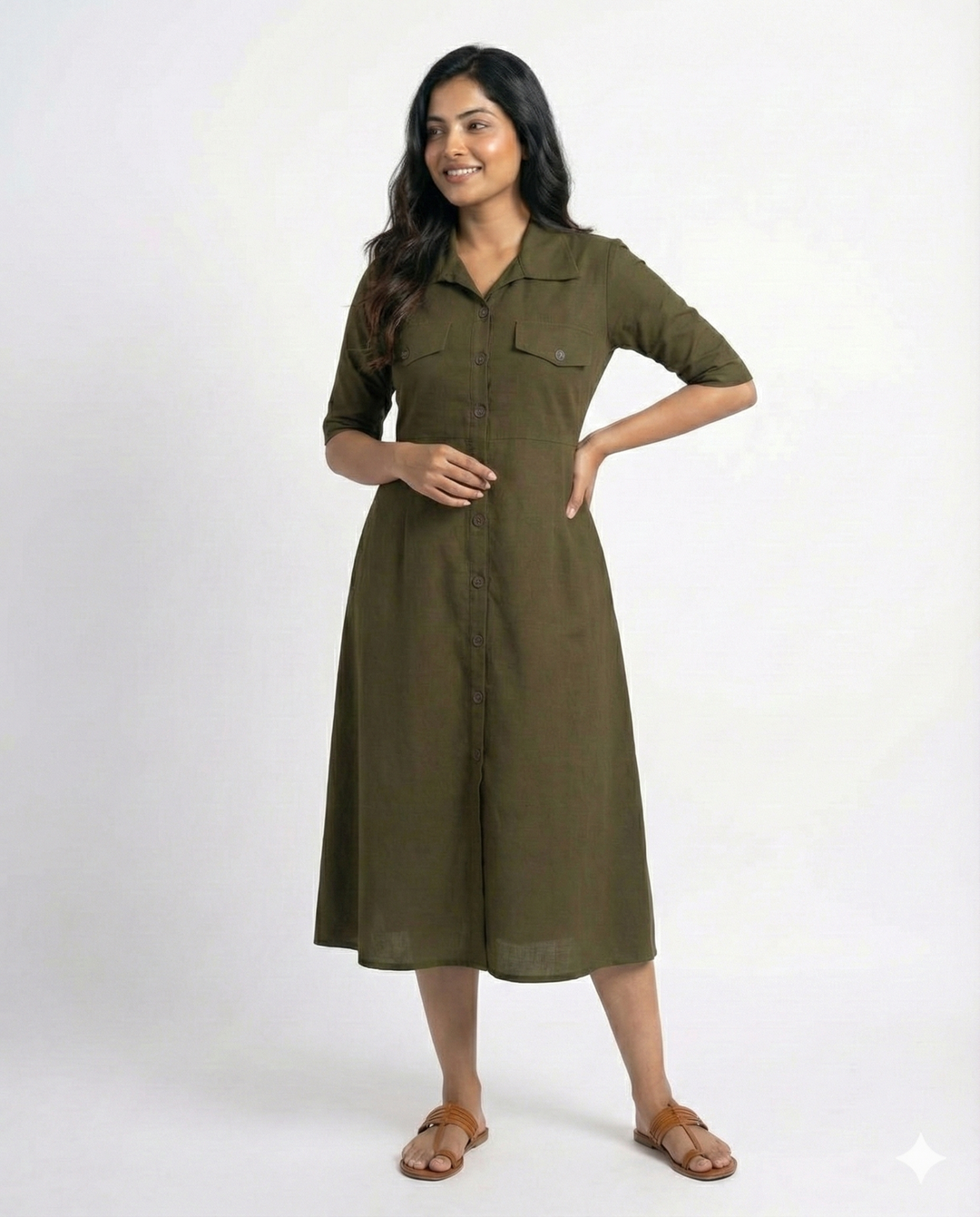Bottle Green Cotton Classic Shirt Midi Dress