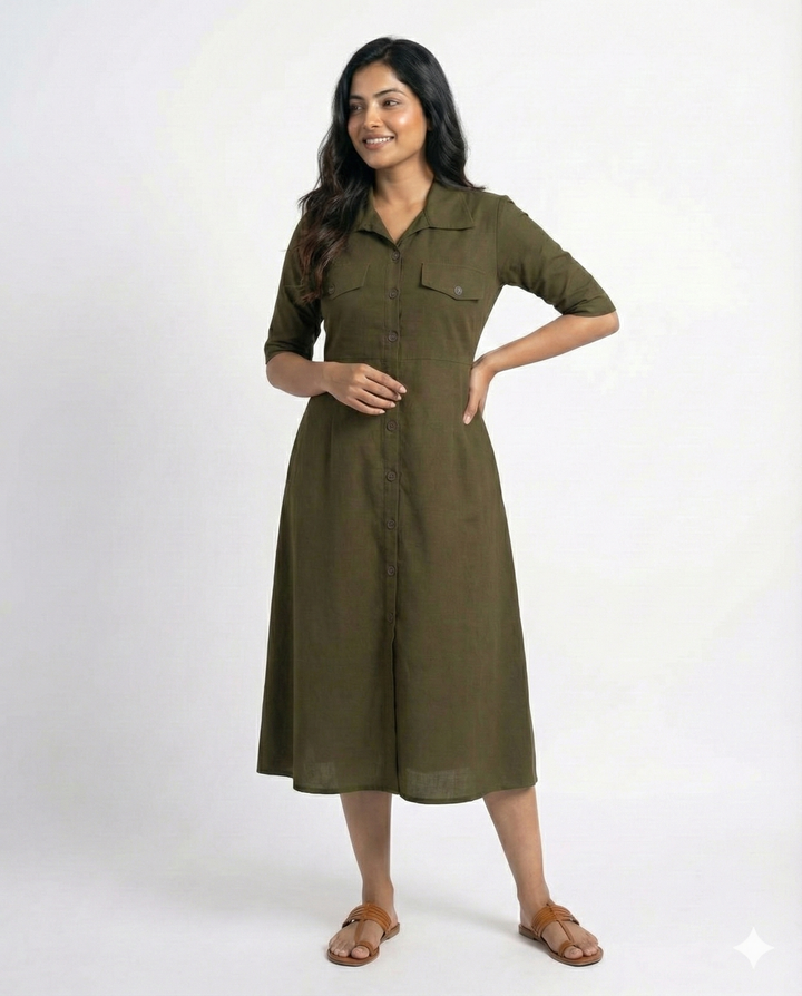 Bottle Green Cotton Classic Shirt Midi Dress