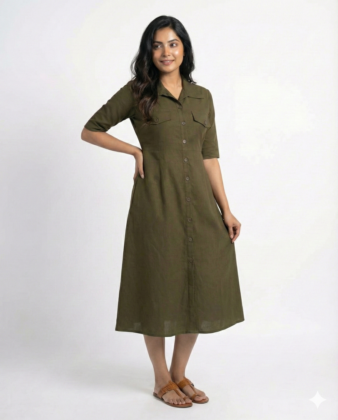 Bottle Green Cotton Classic Shirt Midi Dress