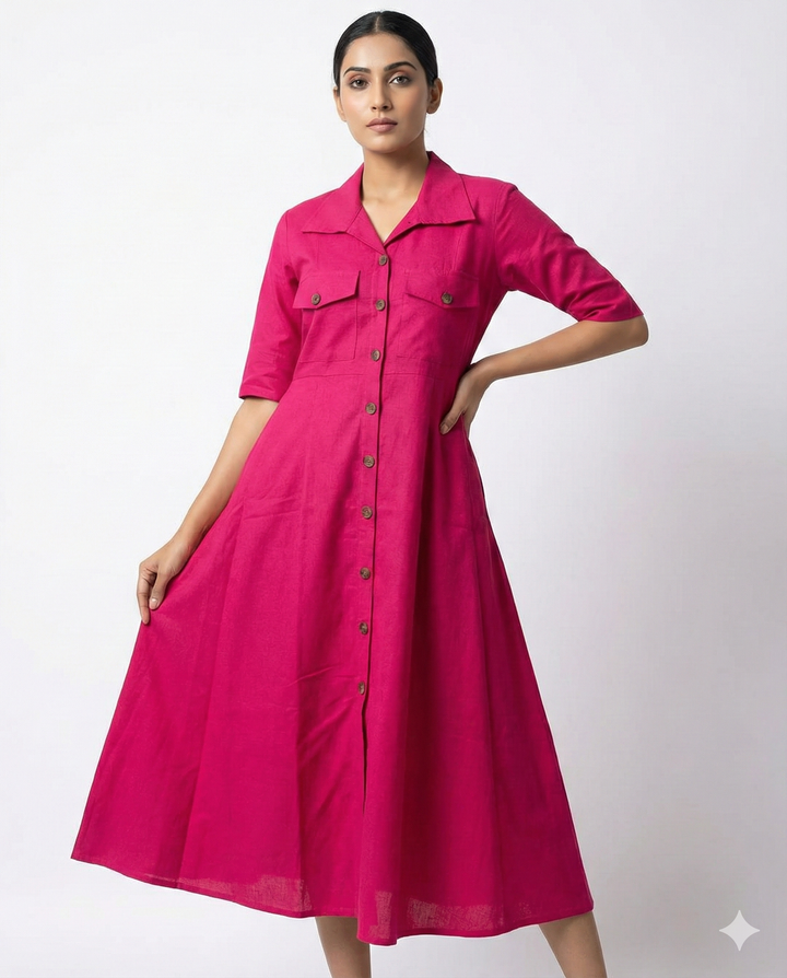 Pink Cotton Classic Shirt Midi Dress