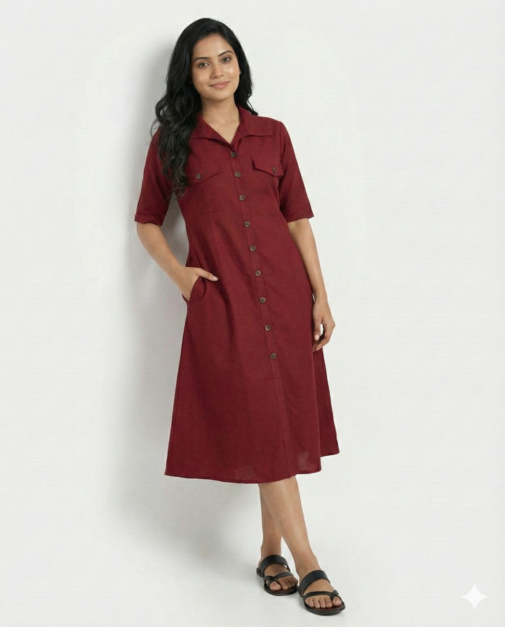Maroon Cotton Classic Shirt Midi Dress