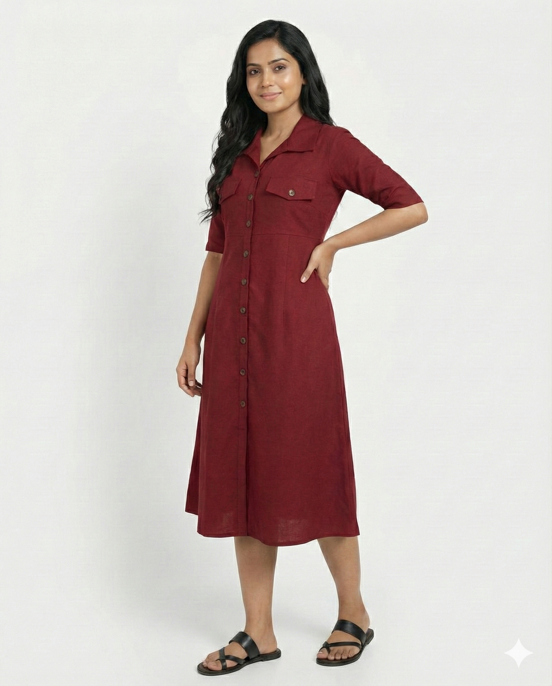 Maroon Cotton Classic Shirt Midi Dress
