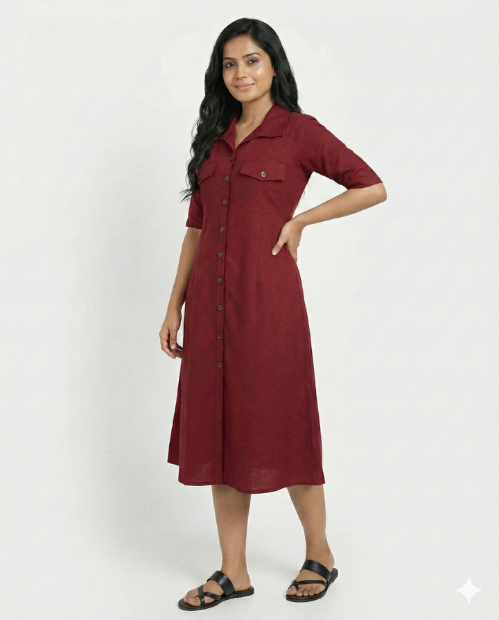 Maroon Cotton Classic Shirt Midi Dress