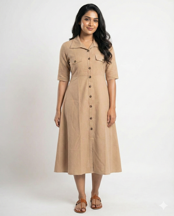Beige Cotton Classic Shirt Midi Dress
