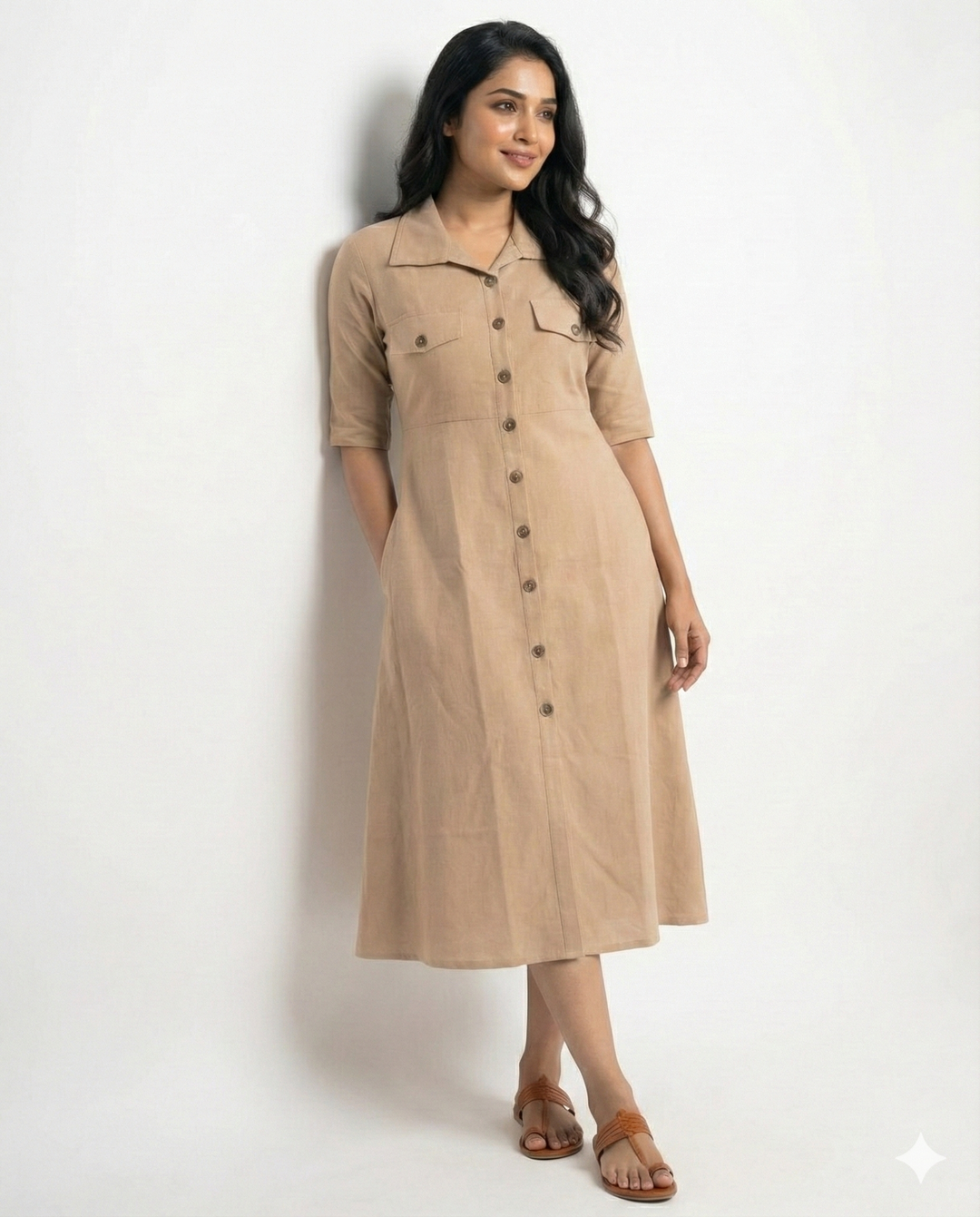 Beige Cotton Classic Shirt Midi Dress