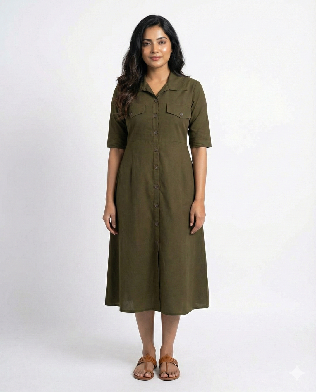 Bottle Green Cotton Classic Shirt Midi Dress