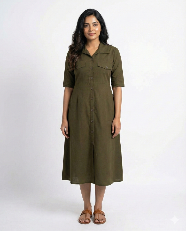 Bottle Green Cotton Classic Shirt Midi Dress
