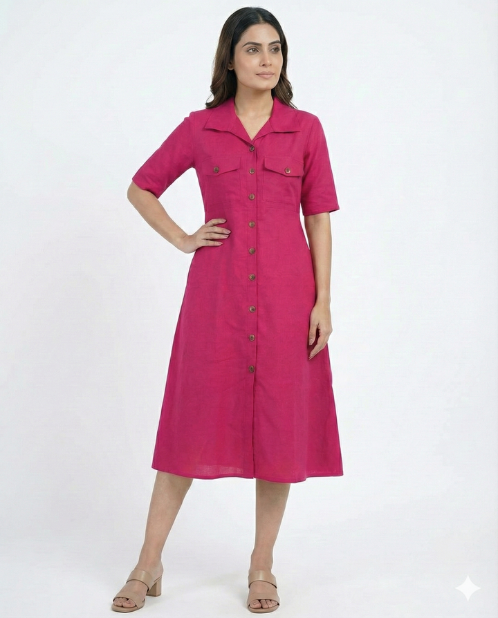 Pink Cotton Classic Shirt Midi Dress