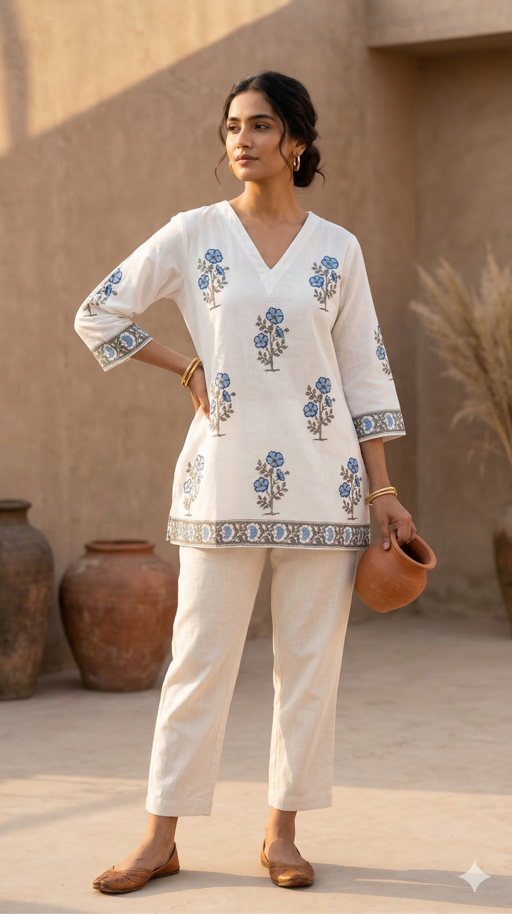 Indigo Bloom Handblock Short Kurti