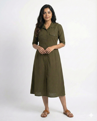 Bottle Green Cotton Classic Shirt Midi Dress