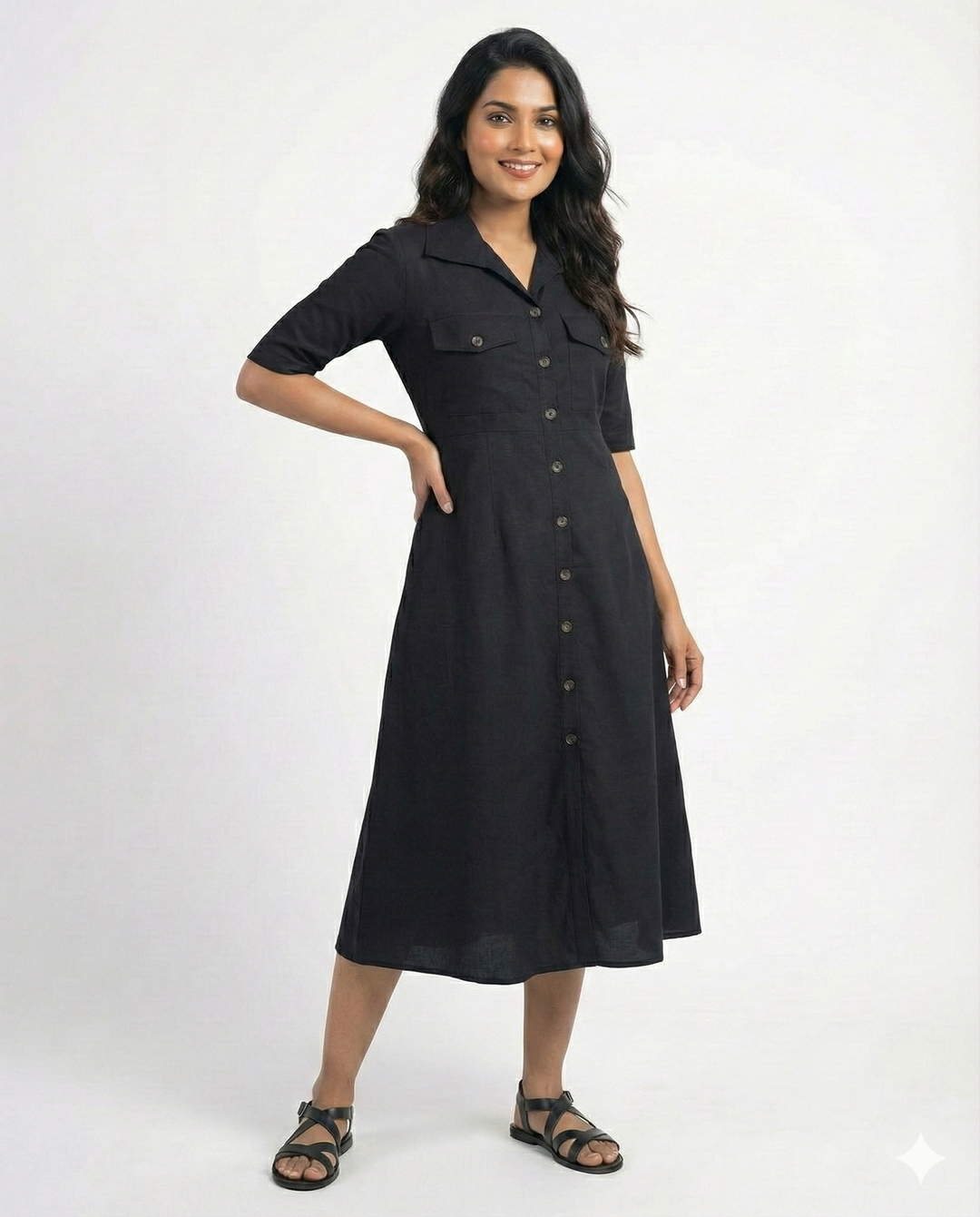 Black Cotton Classic Shirt Midi Dress
