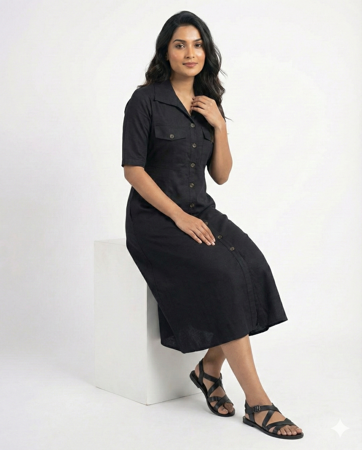Black Cotton Classic Shirt Midi Dress
