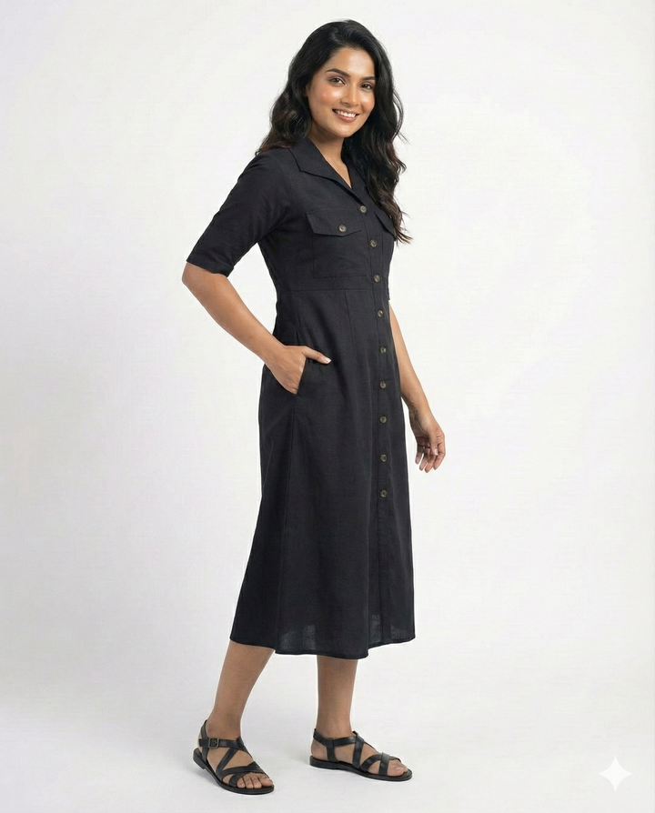 Black Cotton Classic Shirt Midi Dress