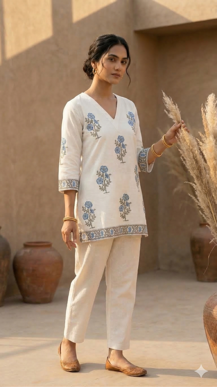 Indigo Bloom Handblock Short Kurti