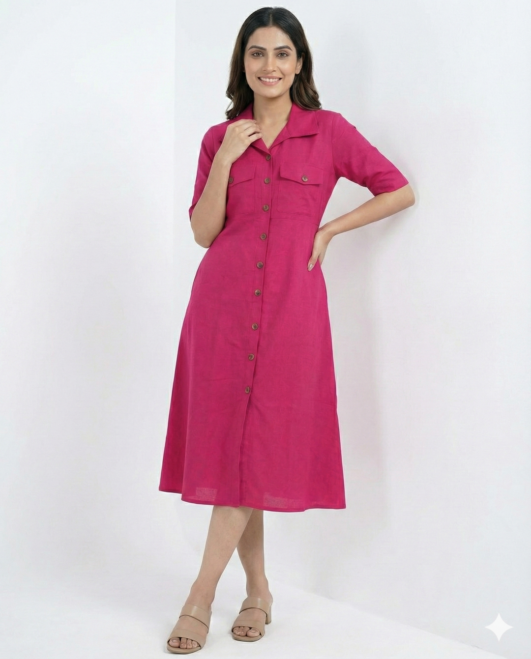 Pink Cotton Classic Shirt Midi Dress