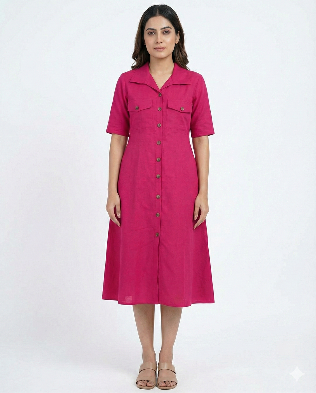 Pink Cotton Classic Shirt Midi Dress