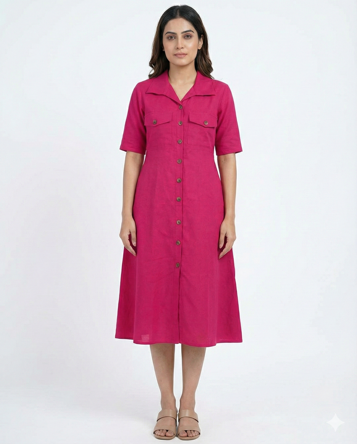 Pink Cotton Classic Shirt Midi Dress