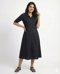 Black Cotton Classic Shirt Midi Dress