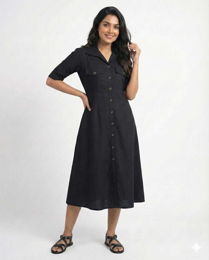 Black Cotton Classic Shirt Midi Dress
