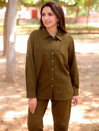 Green Cotton Linen Shirt - Green Cotton Linen Shirt - Palla Jaipur - Palla Jaipur