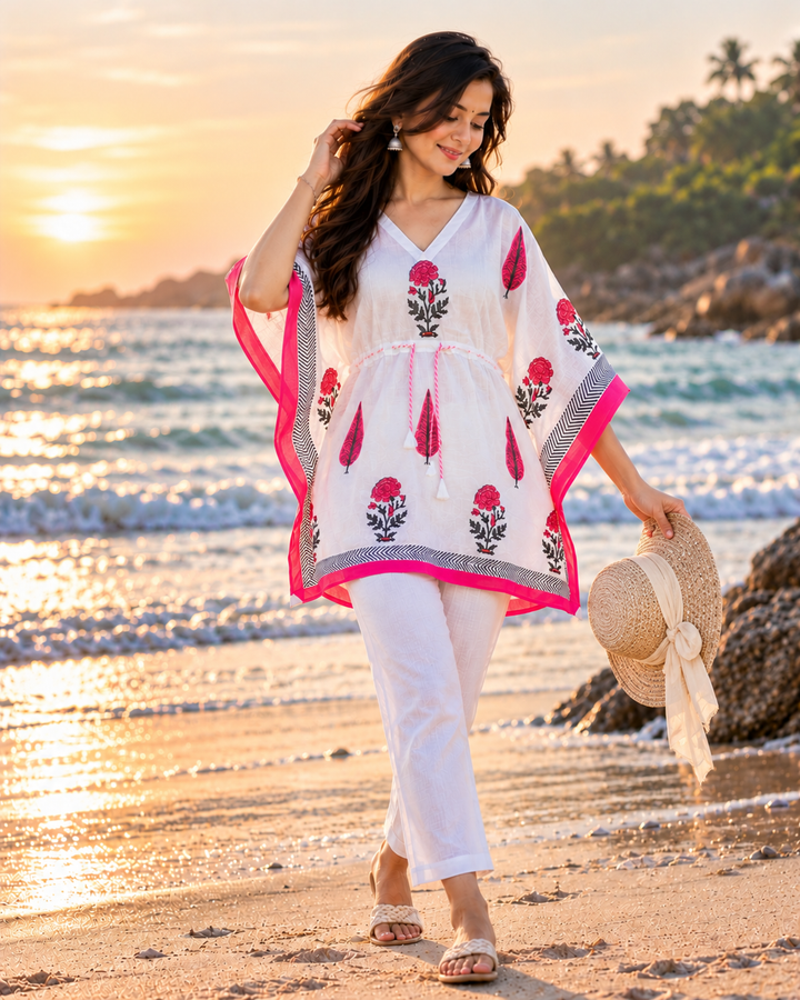 Pink Petals Handblock Printed Kaftaan
