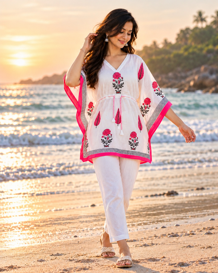 Pink Petals Handblock Printed Kaftaan