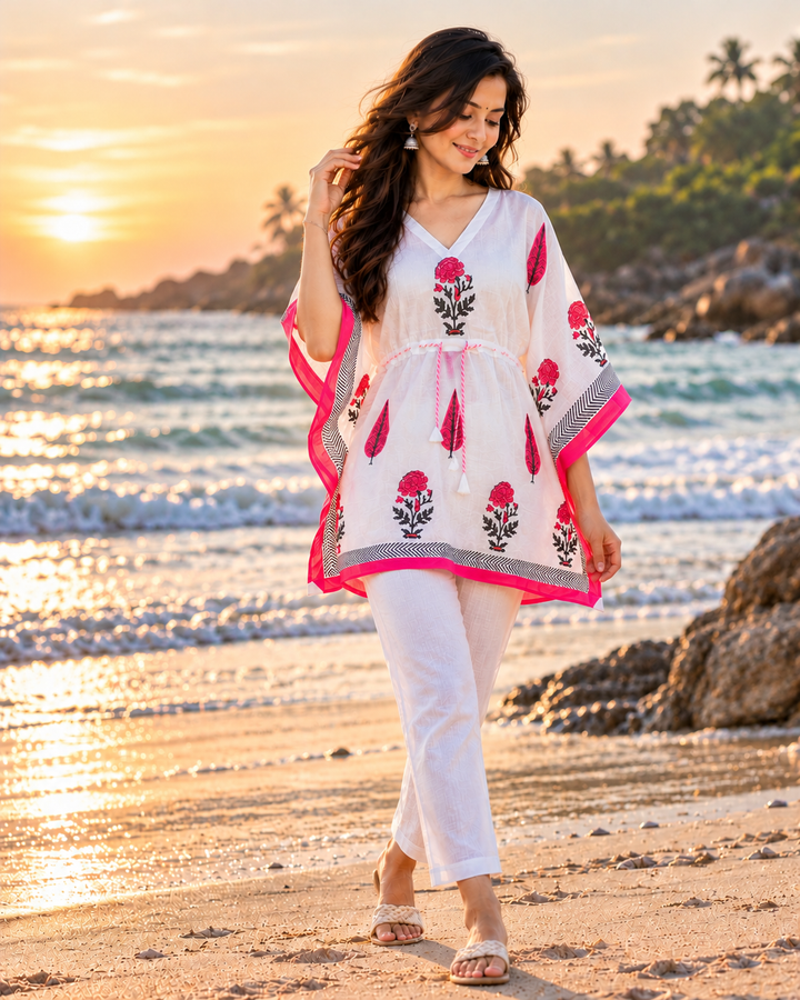 Pink Petals Handblock Printed Kaftaan