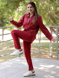 Maroon Cotton Linen Co-Ord Set - Maroon Cotton Linen Co-Ord Set - Palla Jaipur - Palla Jaipur