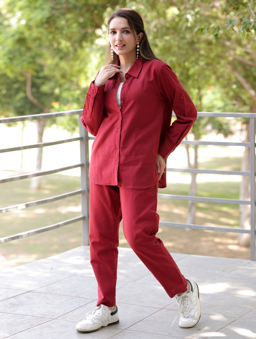 Maroon Cotton Linen Co-Ord Set - Maroon Cotton Linen Co-Ord Set - Palla Jaipur - Palla Jaipur