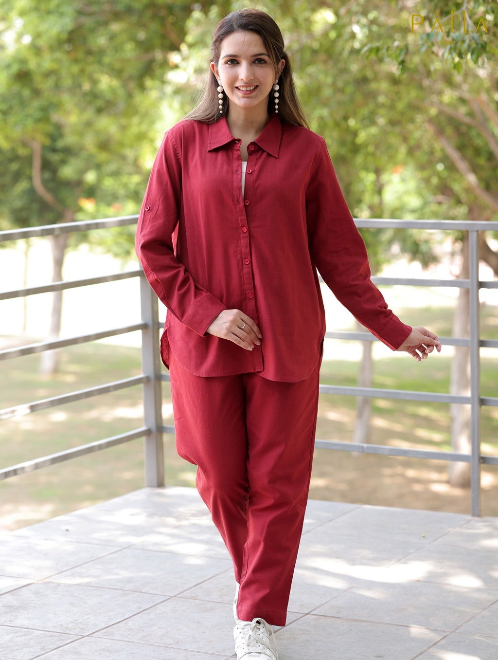 Maroon Cotton Linen Co-Ord Set - Maroon Cotton Linen Co-Ord Set - Palla Jaipur - Palla Jaipur