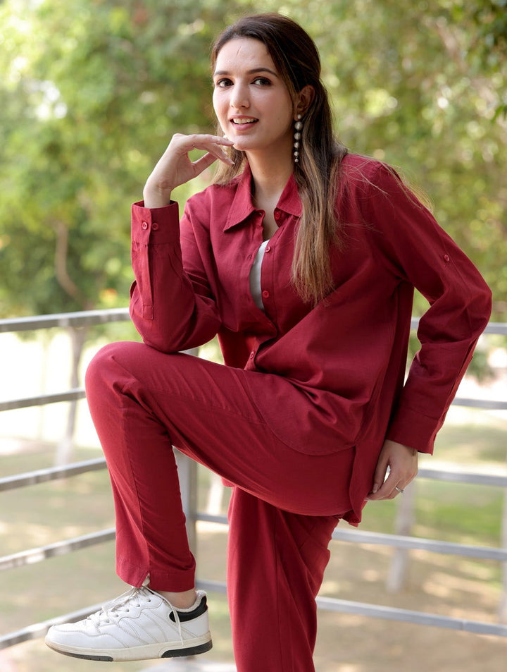 Maroon Cotton Linen Co-Ord Set - Maroon Cotton Linen Co-Ord Set - Palla Jaipur - Palla Jaipur