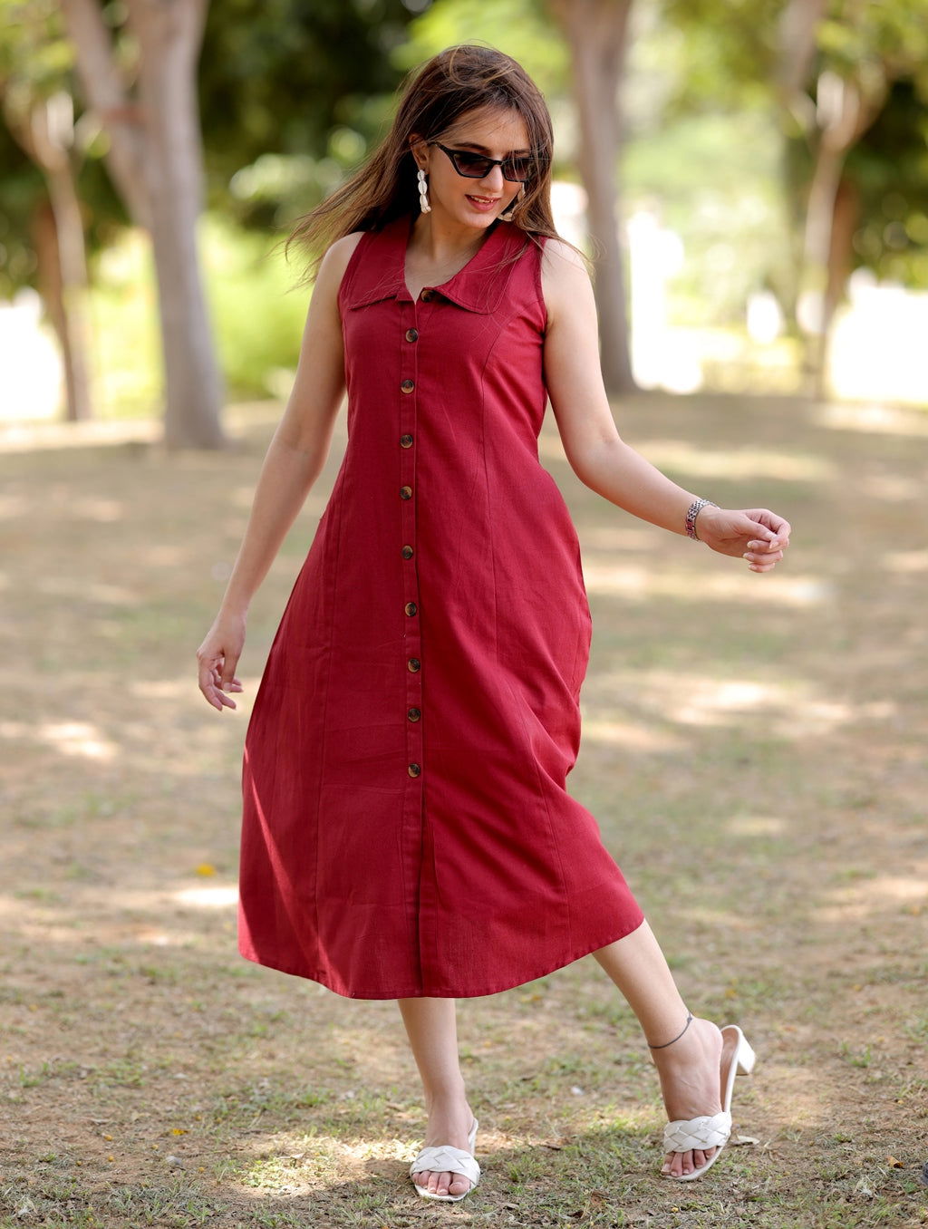 Maroon Cotton Linen Dress - Maroon Cotton Linen Dress - Palla Jaipur - Palla Jaipur