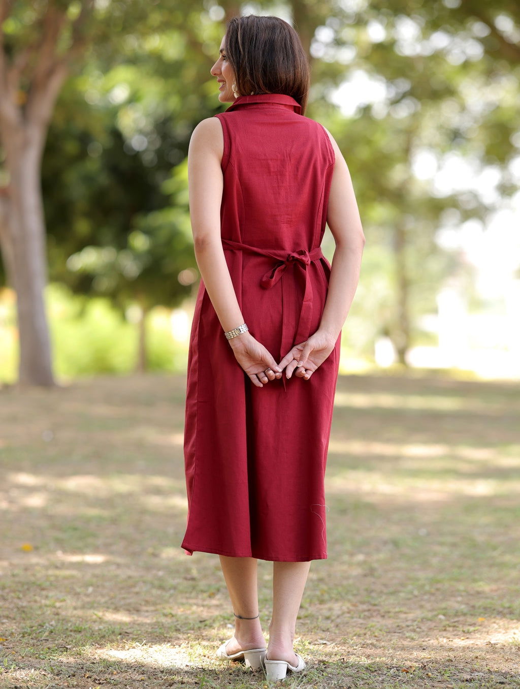 Maroon Cotton Linen Dress - Maroon Cotton Linen Dress - Palla Jaipur - Palla Jaipur