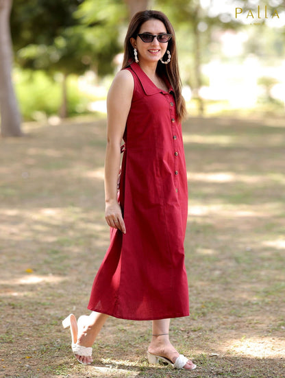 Maroon Cotton Linen Dress - Maroon Cotton Linen Dress - Palla Jaipur - Palla Jaipur