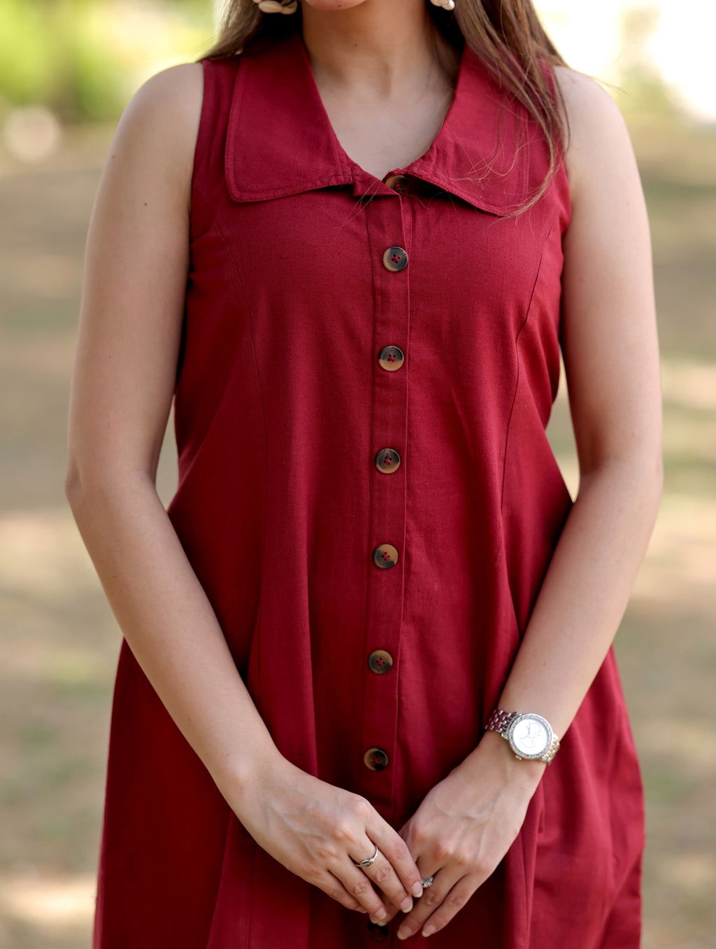 Maroon Cotton Linen Dress - Maroon Cotton Linen Dress - Palla Jaipur - Palla Jaipur