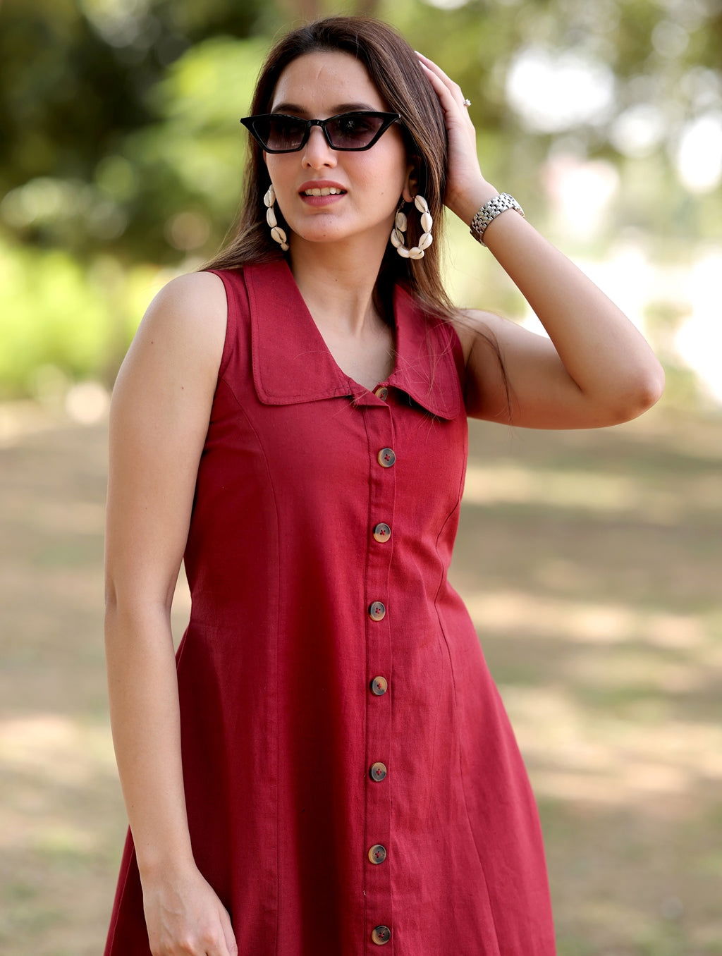 Maroon Cotton Linen Dress - Maroon Cotton Linen Dress - Palla Jaipur - Palla Jaipur