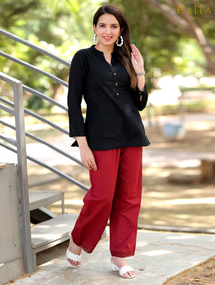Maroon Cotton Linen Plazzo Pant - Maroon Cotton Linen Plazzo Pant - Palla Jaipur - Palla Jaipur