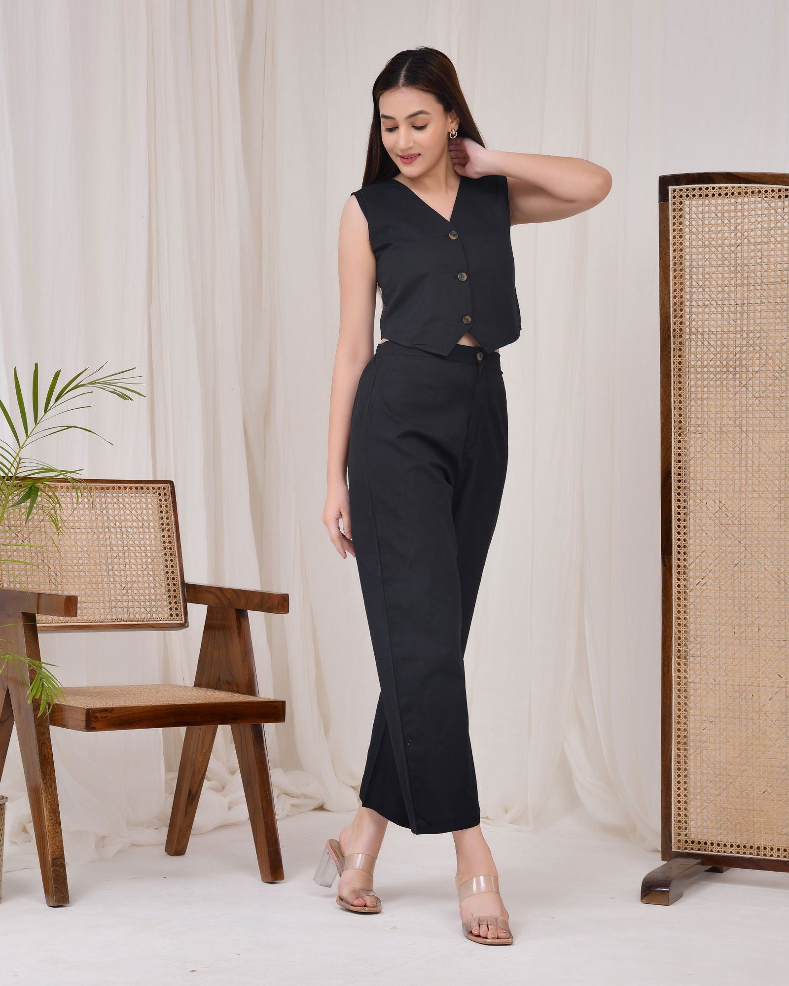 Midnight Black Cotton Linen Waist Coat - Midnight Black Cotton Linen Waist Coat - Palla Jaipur - Palla Jaipur