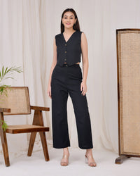 Midnight Black Cotton Linen Waist Coat Co-Ord Set - Midnight Black Cotton Linen Waist Coat Co-Ord Set - Palla Jaipur - Palla Jaipur