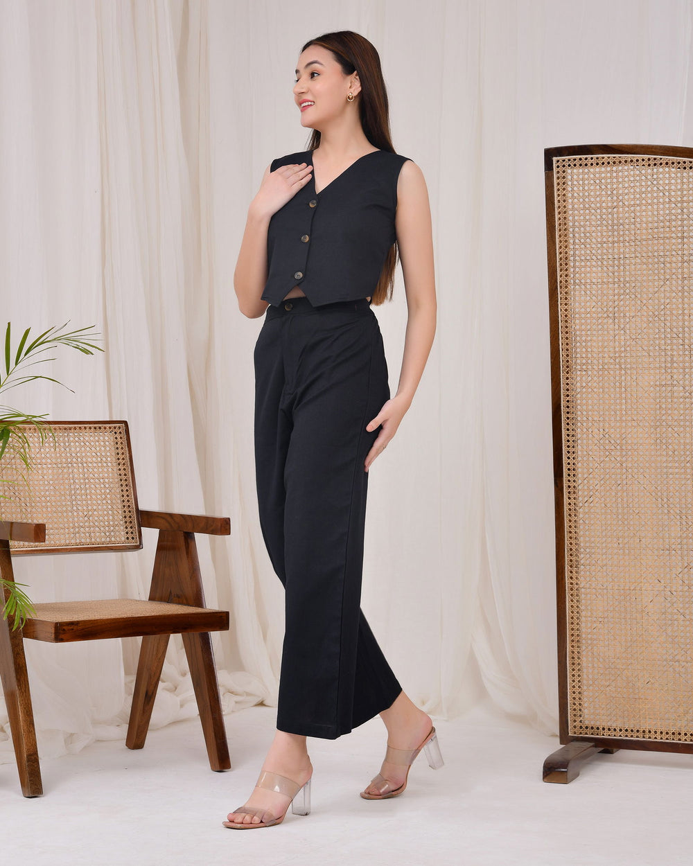 Midnight Black Cotton Linen Waist Coat Co-Ord Set - Midnight Black Cotton Linen Waist Coat Co-Ord Set - Palla Jaipur - Palla Jaipur