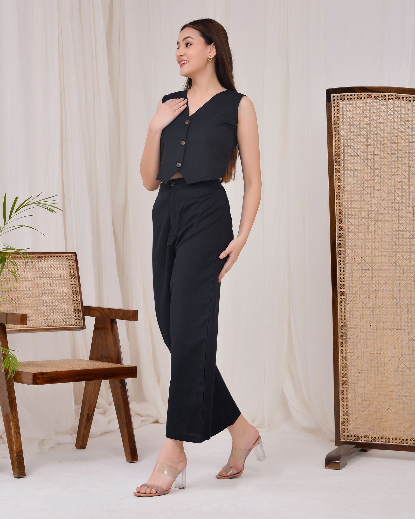 Midnight Black Cotton Linen Waist Coat Co-Ord Set - Midnight Black Cotton Linen Waist Coat Co-Ord Set - Palla Jaipur - Palla Jaipur