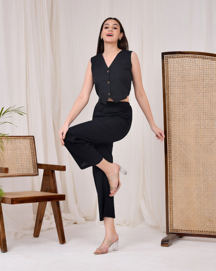 Midnight Black Cotton Linen Waist Coat Co-Ord Set - Midnight Black Cotton Linen Waist Coat Co-Ord Set - Palla Jaipur - Palla Jaipur