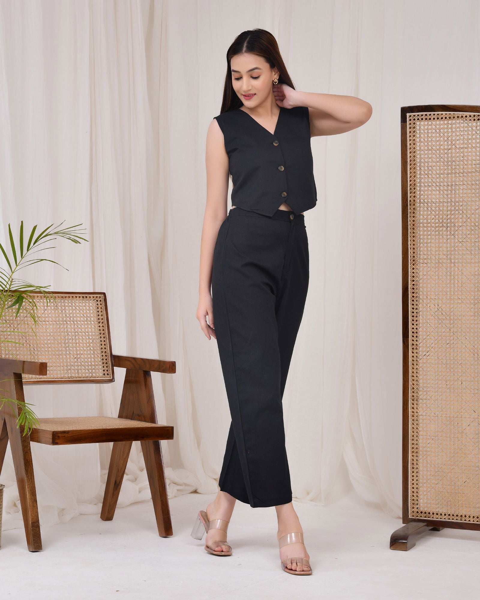 Midnight Black Cotton Linen Waist Coat Co-Ord Set - Midnight Black Cotton Linen Waist Coat Co-Ord Set - Palla Jaipur - Palla Jaipur